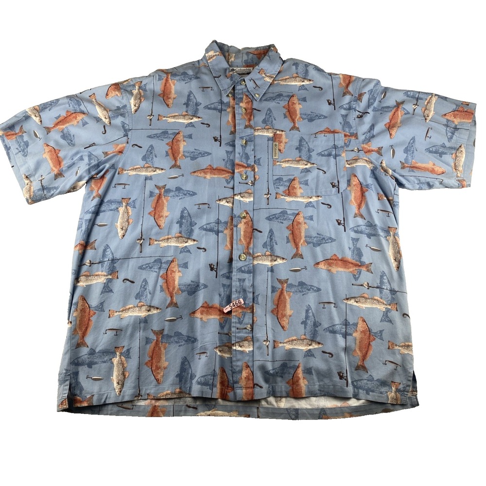 Columbia Men's Large  Blue Button Down All‎ Over Fish Print Short Sleeve READ
